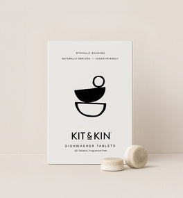 Kit & Kin non-toxic dishwasher tablets for natural, plant-based cleaning. Leaves plates and dishes sparkling.