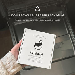 Kit & Kin eco friendly dishwasher tablets come in recyclable cardboard packaging and are individually wrapped in a biodegradable wrapper