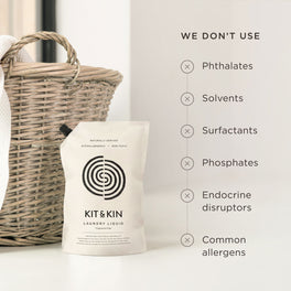 Kit & Kin non-toxic laundry detergent free from phthalates, solvents, surfactants, phosphates, artificial fragrances, endocrine disruptors, and common allergens