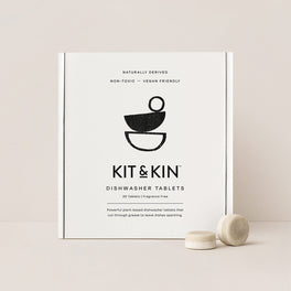Kit & Kin non-toxic dishwasher tablets for natural, plant-based cleaning. Leaves plates and dishes sparkling.